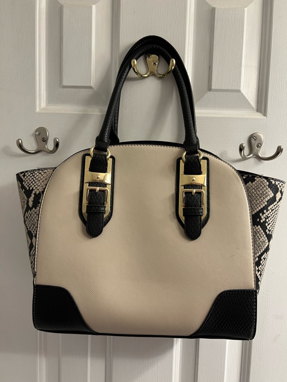 Cream and Black Structured Satchel Handbag with Snake-Print Sides